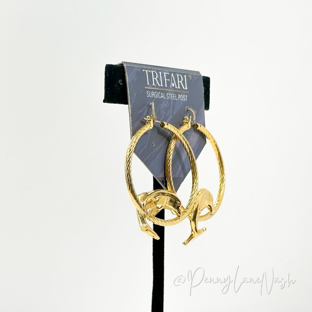Trifari Gold Rope with Dolphins Hoop Earrings - Picture 5 of 9